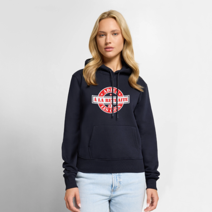 Sweat-shirt à capuche premium femme - À la retraite: Adieu les cons - bleu marine - front