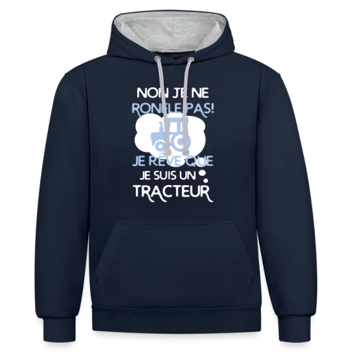 Sweat-shirt à capuche contrasté unisexe - Je rêve que je suis un tracteur - bleu marine/gris chiné - front