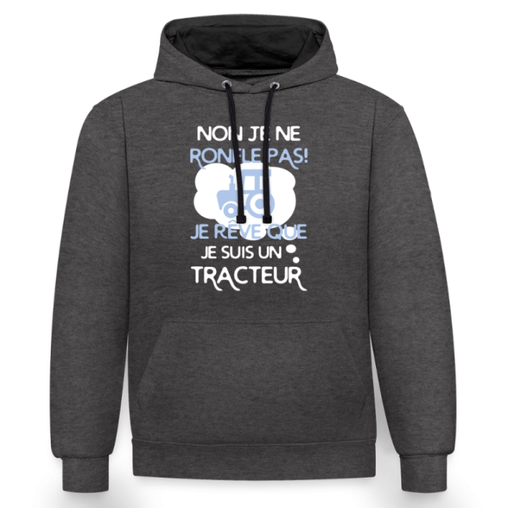 Sweat-shirt à capuche contrasté unisexe - Je rêve que je suis un tracteur - anthracite/noir - front