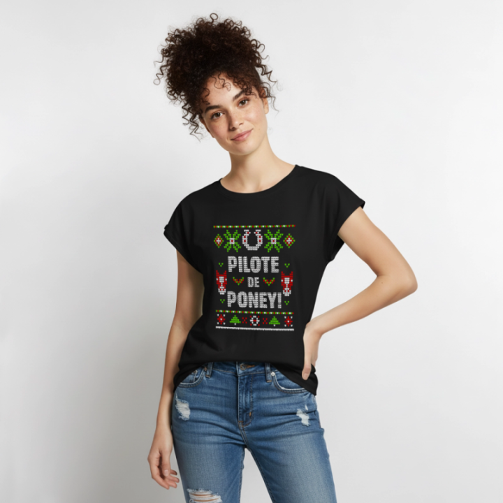 T-shirt à manches retroussées femme - Pilote de poney - moche - noir - front