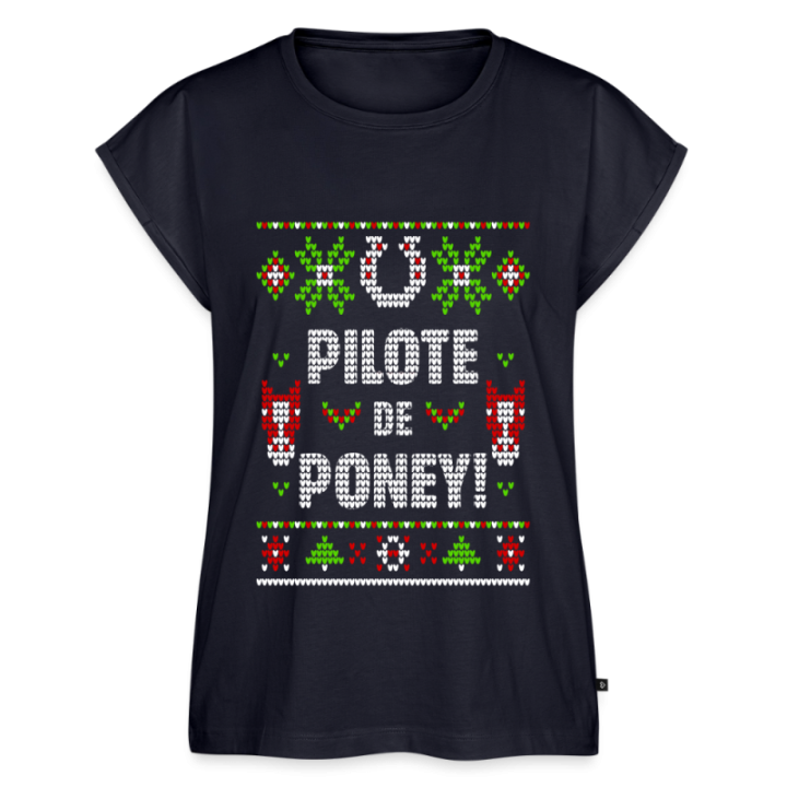 T-shirt à manches retroussées femme - Pilote de poney - moche - bleu marine - front