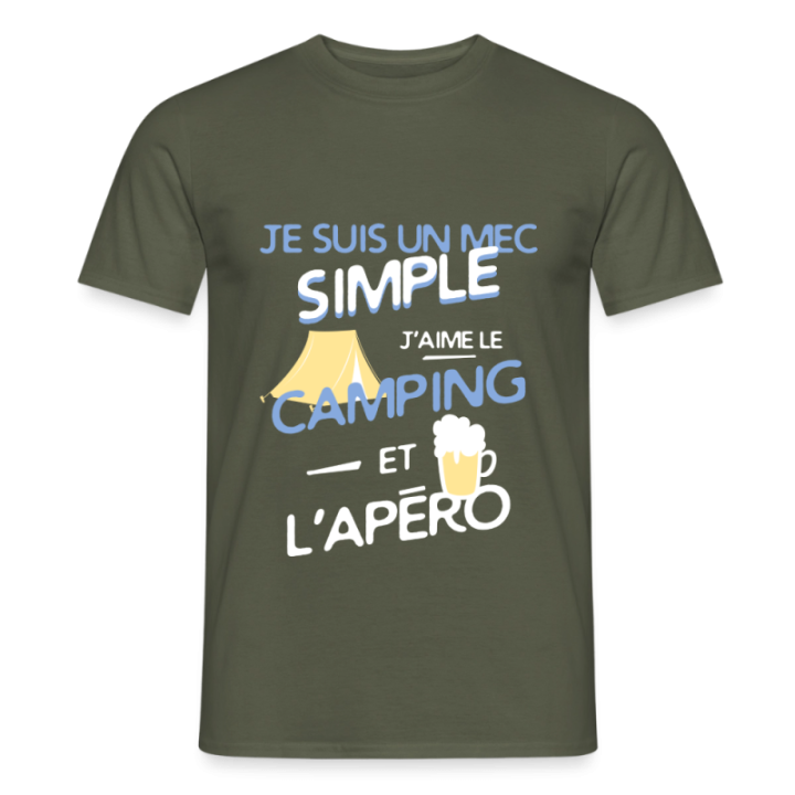 T-shirt homme - Un mec simple: Camping et apéro - vert militaire - front