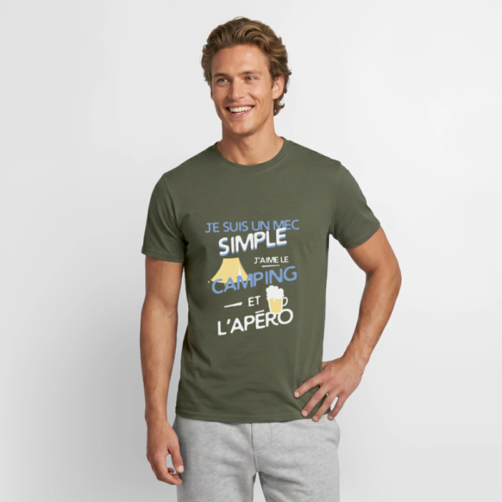 T-shirt homme - Un mec simple: Camping et apéro - vert militaire - front