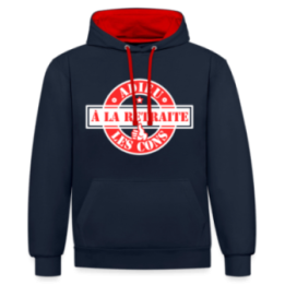 Sweat-shirt à capuche contrasté unisexe - À la retraite: Adieu les cons - bleu marine/rouge - front