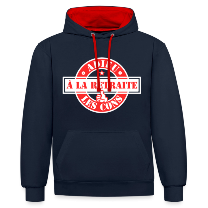 Sweat-shirt à capuche contrasté unisexe - À la retraite: Adieu les cons - bleu marine/rouge - front