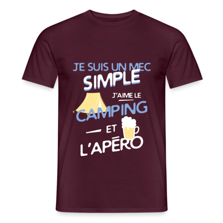 T-shirt homme - Un mec simple: Camping et apéro - rouge brique - front
