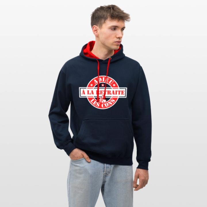 Sweat-shirt à capuche contrasté unisexe - À la retraite: Adieu les cons - bleu marine/rouge - front