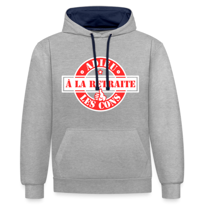 Sweat-shirt à capuche contrasté unisexe - À la retraite: Adieu les cons - gris chiné/bleu marine - front