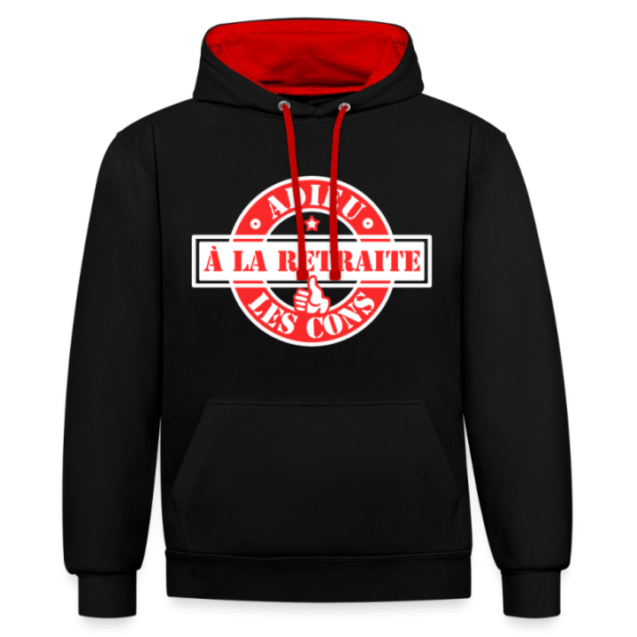 Sweat-shirt à capuche contrasté unisexe - À la retraite: Adieu les cons - noir/rouge - front