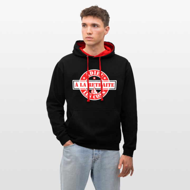 Sweat-shirt à capuche contrasté unisexe - À la retraite: Adieu les cons - noir/rouge - front