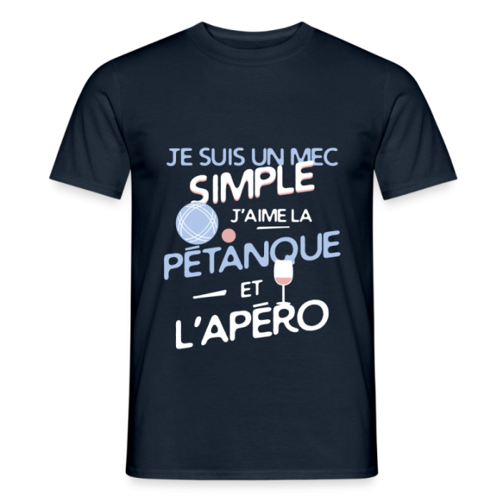 T-shirt homme - Un mec simple: Pétanque et apéro - marine - front