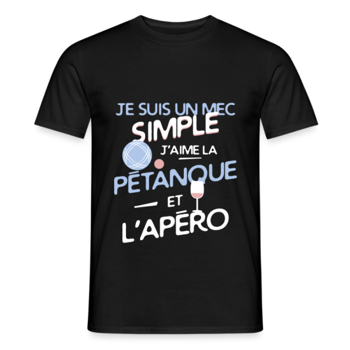 T-shirt homme - Un mec simple: Pétanque et apéro - noir - front