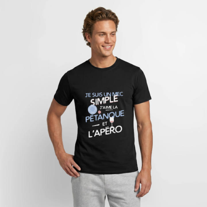 T-shirt homme - Un mec simple: Pétanque et apéro - noir - front