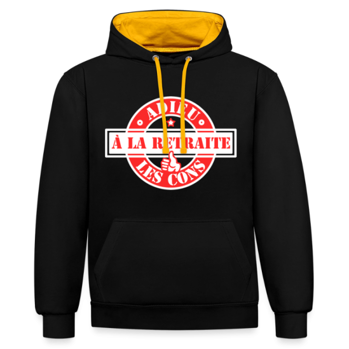 Sweat-shirt à capuche contrasté unisexe - À la retraite: Adieu les cons - noir/or - front