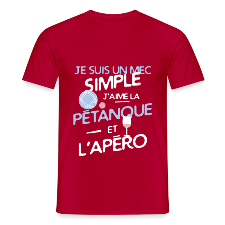 T-shirt homme - Un mec simple: Pétanque et apéro - rouge - front