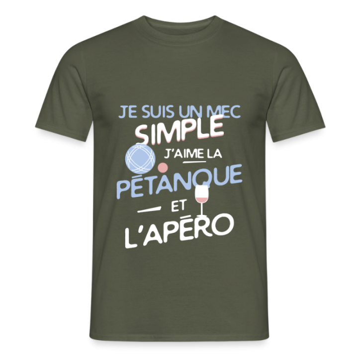 T-shirt homme - Un mec simple: Pétanque et apéro - vert militaire - front