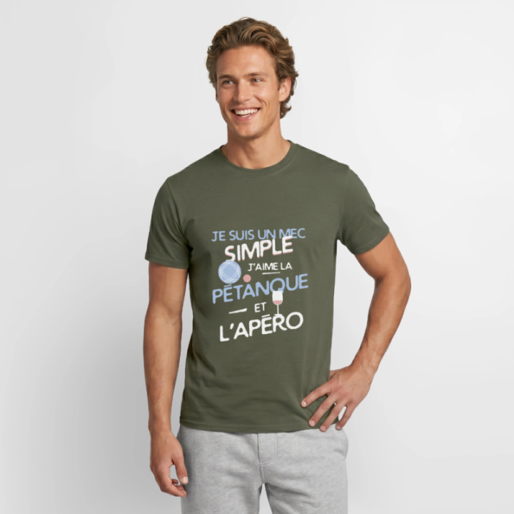 T-shirt homme - Un mec simple: Pétanque et apéro - vert militaire - front