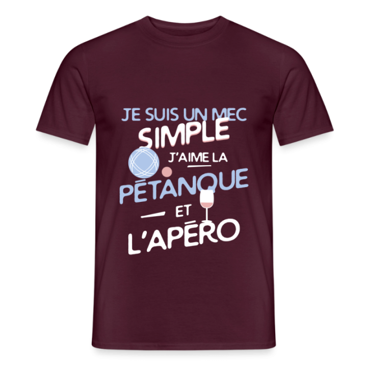T-shirt homme - Un mec simple: Pétanque et apéro - rouge brique - front