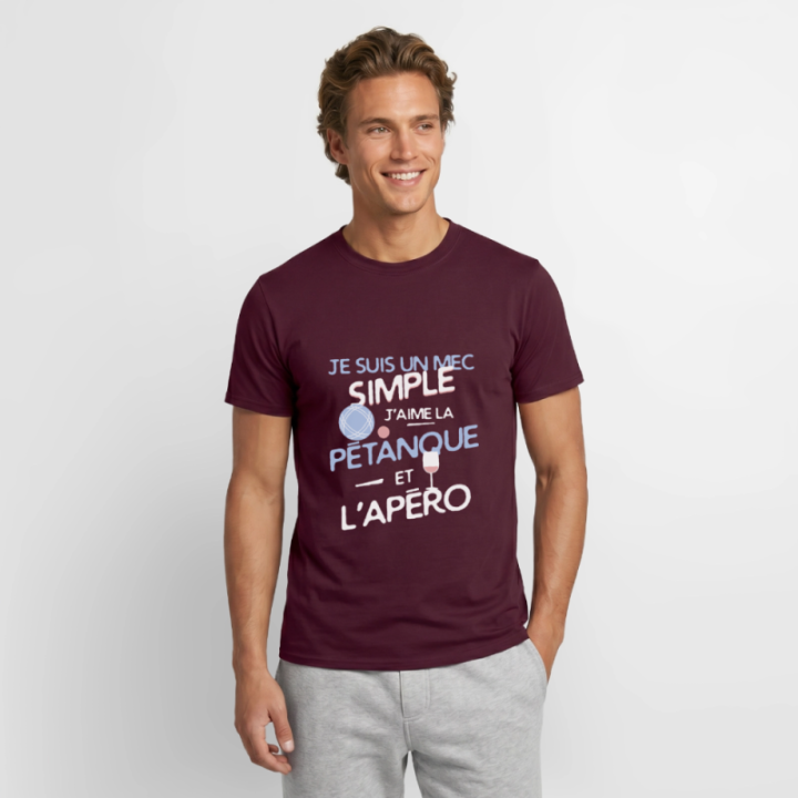 T-shirt homme - Un mec simple: Pétanque et apéro - rouge brique - front