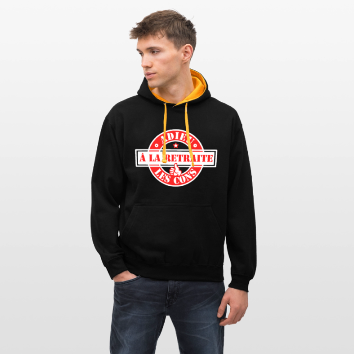 Sweat-shirt à capuche contrasté unisexe - À la retraite: Adieu les cons - noir/or - front