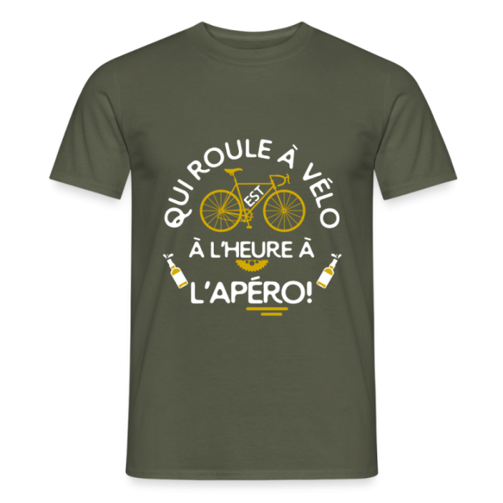 T-shirt homme - Qui roule à vélo arrive à l'apéro - vert militaire - front