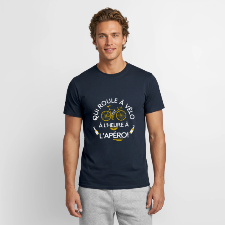 T-shirt homme - Qui roule à vélo arrive à l'apéro - marine - front