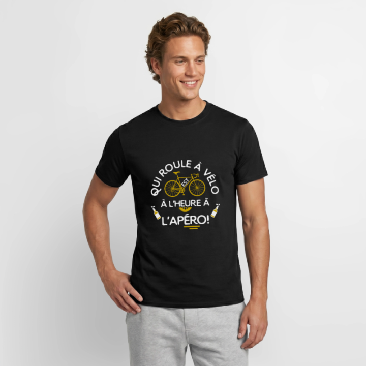 T-shirt homme - Qui roule à vélo arrive à l'apéro - noir - front