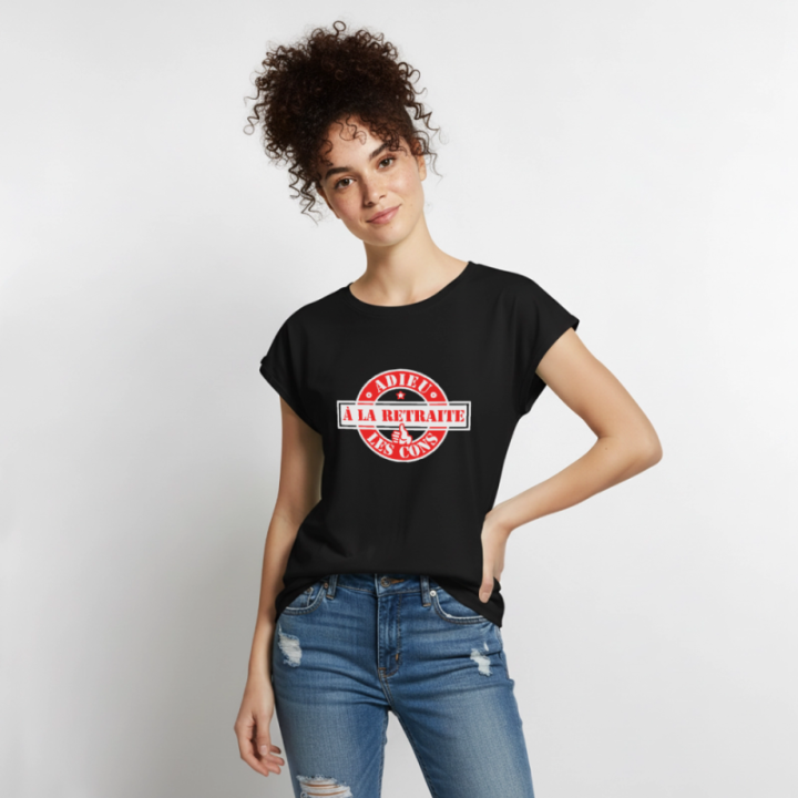 T-shirt à manches retroussées femme - À la retraite: Adieu les cons - noir - front