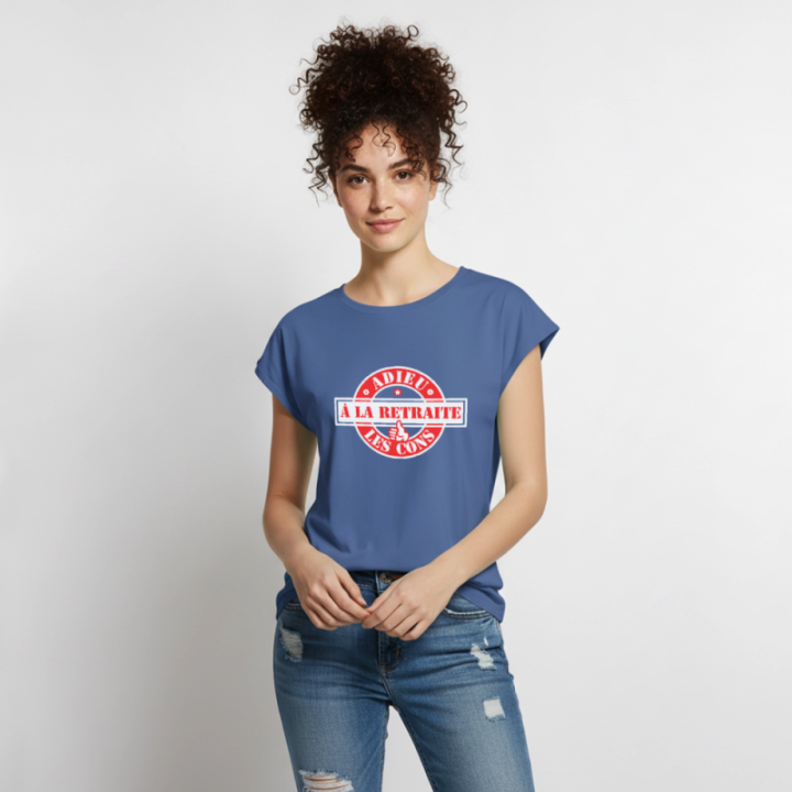 T-shirt à manches retroussées femme - À la retraite: Adieu les cons - bleu pigeon - front