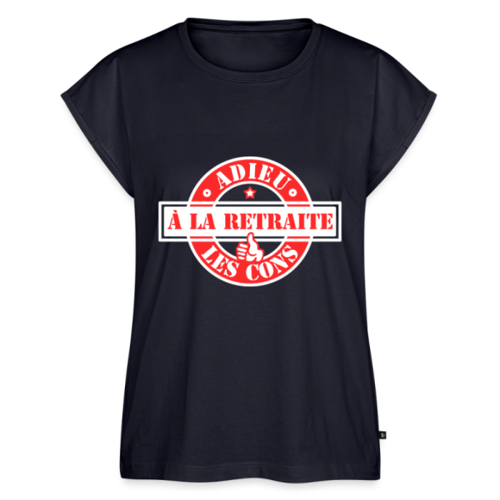 T-shirt à manches retroussées femme - À la retraite: Adieu les cons - bleu marine - front