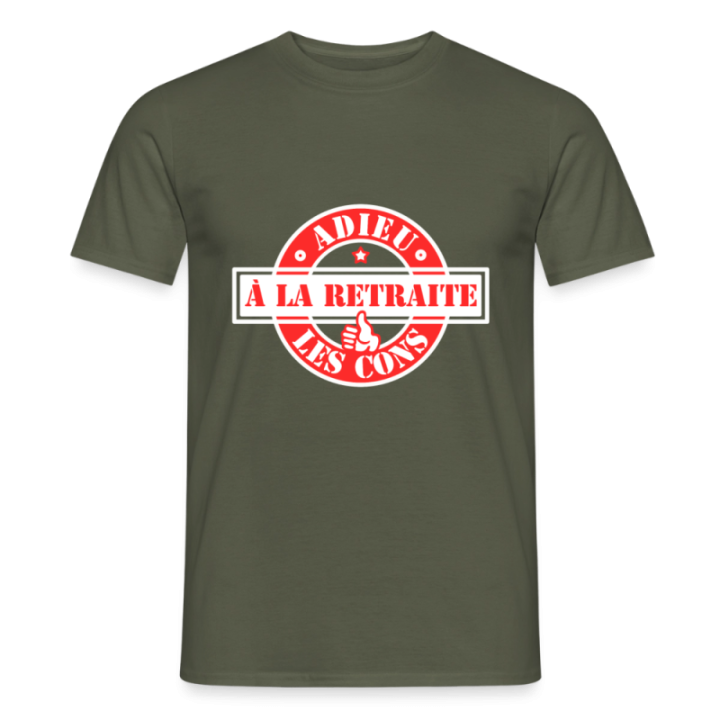 T-shirt homme - À la retraite: Adieu les cons - vert militaire - front