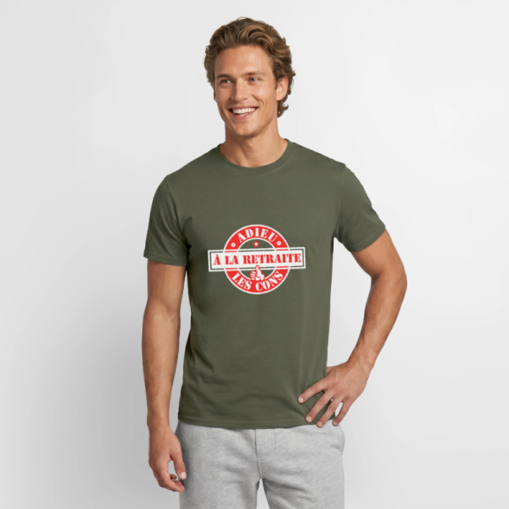 T-shirt homme - À la retraite: Adieu les cons - vert militaire - front