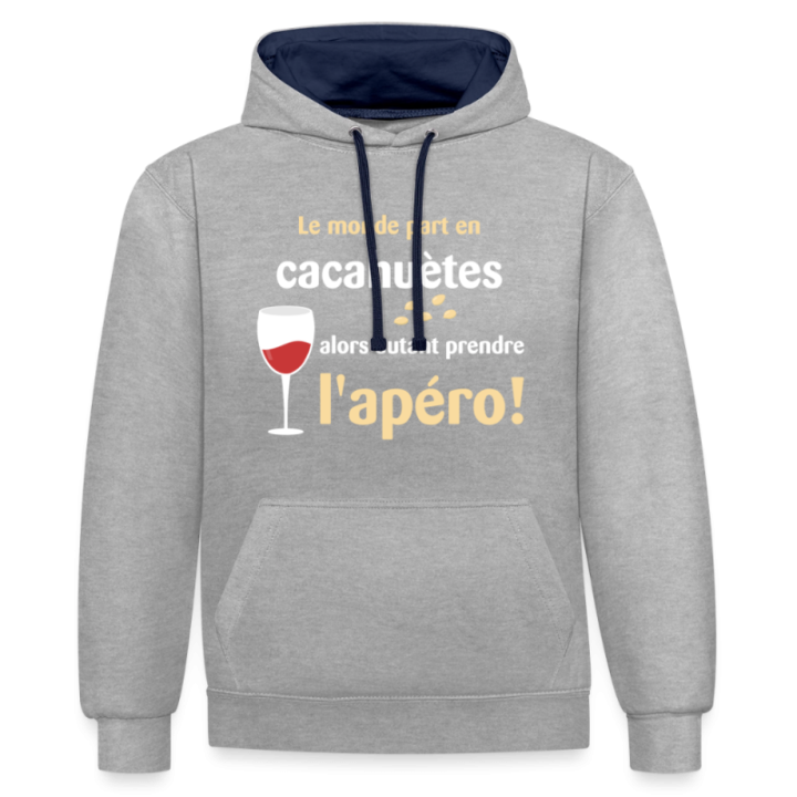 Sweat-shirt à capuche contrasté unisexe - Le monde part en cacahuètes - gris chiné/bleu marine - front