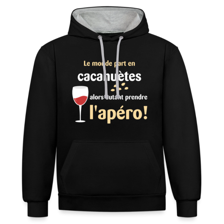 Sweat-shirt à capuche contrasté unisexe - Le monde part en cacahuètes - noir/gris chiné - front