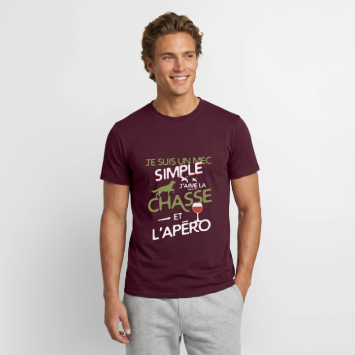 T-shirt homme - Un mec simple: Chasse et apéro - rouge brique - front