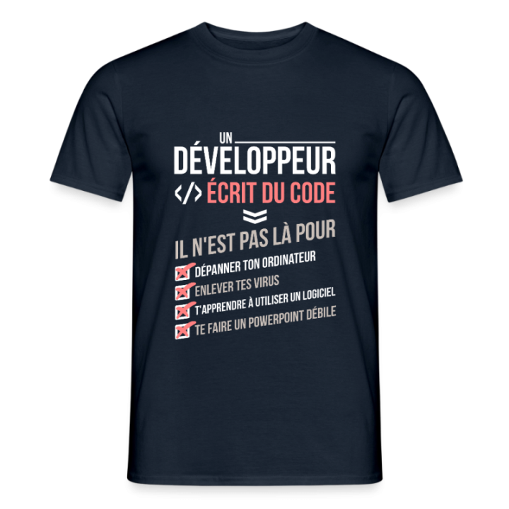 T-shirt homme - Un développeur écrit du code - marine - front