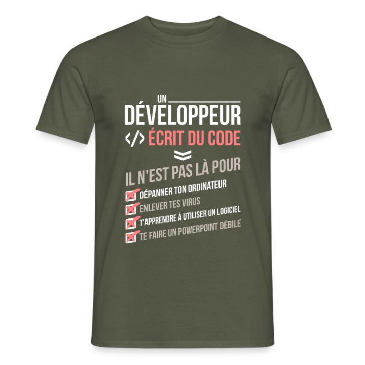 T-shirt homme - Un développeur écrit du code - vert militaire - front