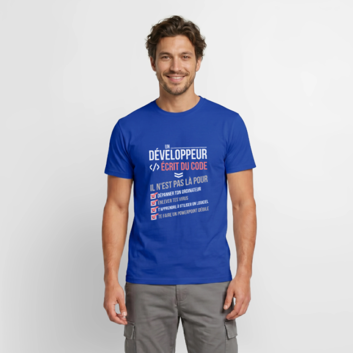 T-shirt homme - Un développeur écrit du code - bleu foncé - front