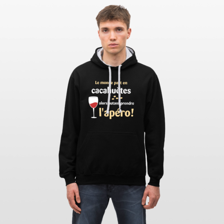 Sweat-shirt à capuche contrasté unisexe - Le monde part en cacahuètes - noir/gris chiné - front