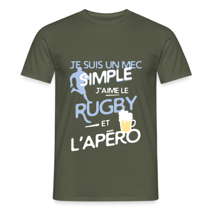 T-shirt homme - Un mec simple: Rugby et apéro - vert militaire - front