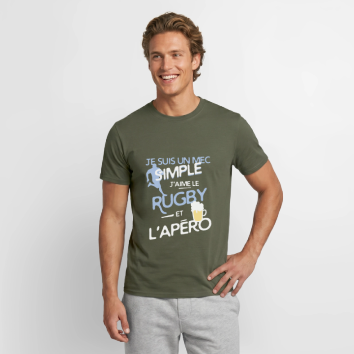 T-shirt homme - Un mec simple: Rugby et apéro - vert militaire - front