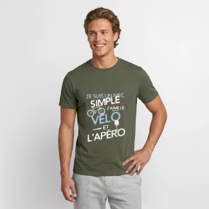 T-shirt homme - Un mec simple: Vélo et apéro - vert militaire - front