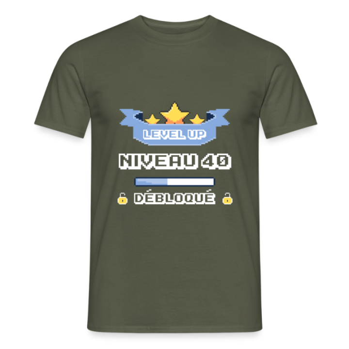 T-shirt homme - Level-up: Niveau 40 ans débloqué - vert militaire - front