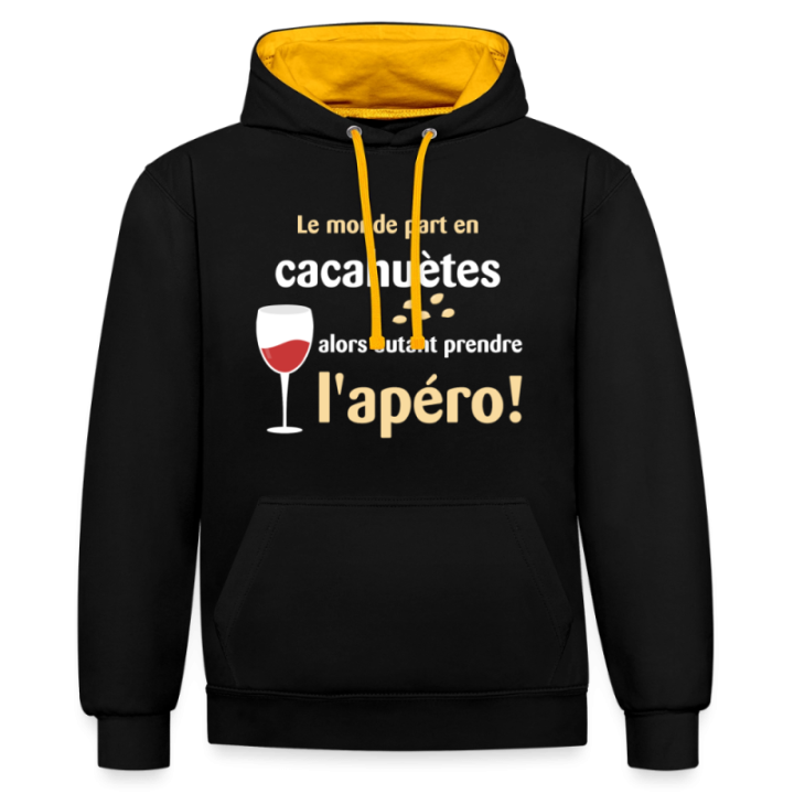 Sweat-shirt à capuche contrasté unisexe - Le monde part en cacahuètes - noir/or - front