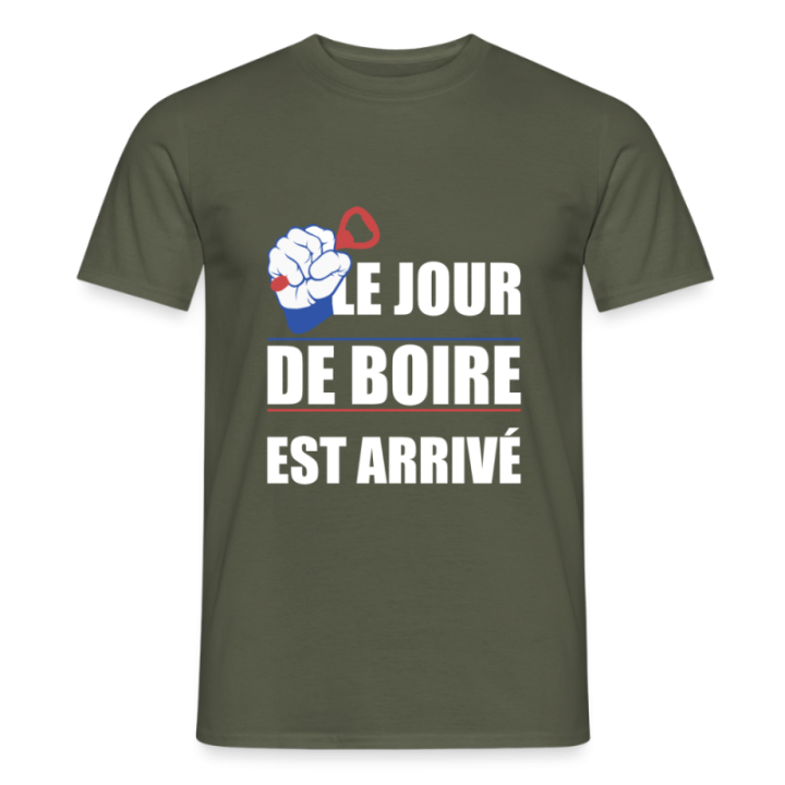 T-shirt homme - Le jour de boire est arrivé - vert militaire - front
