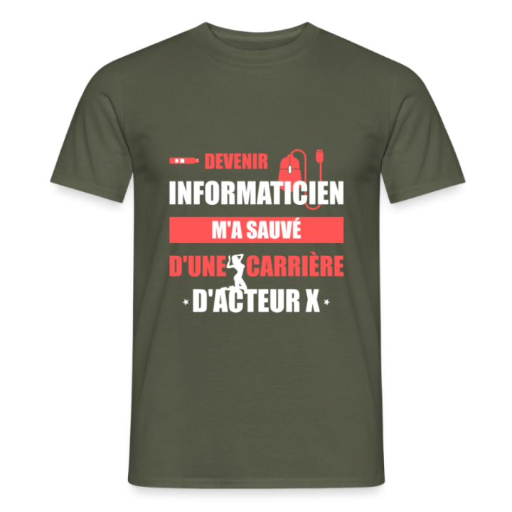 T-shirt homme - Devenir informaticien m'a sauvé - vert militaire - front