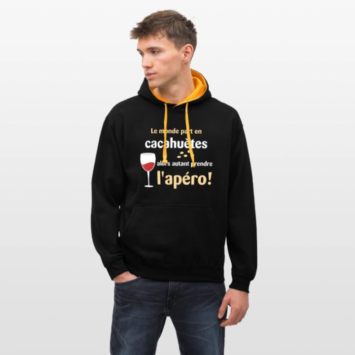 Sweat-shirt à capuche contrasté unisexe - Le monde part en cacahuètes - noir/or - front