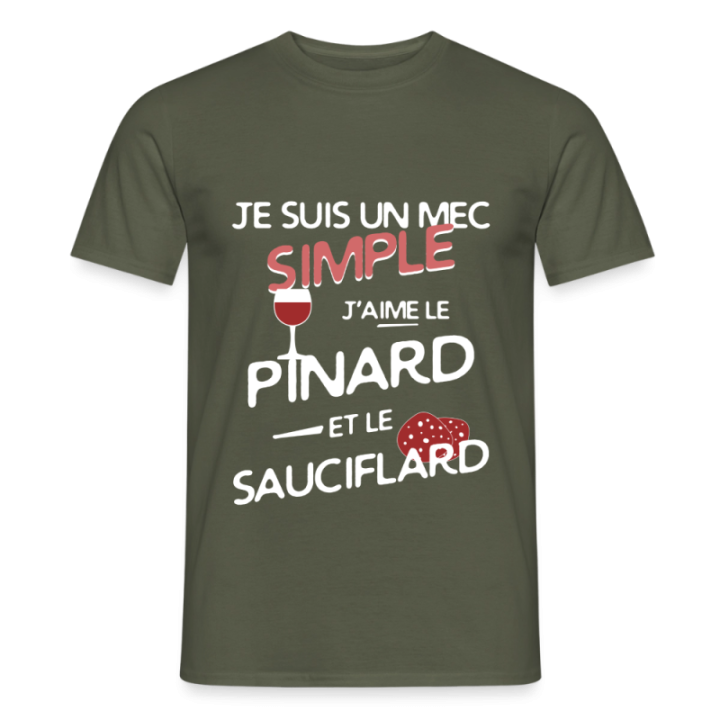 T-shirt homme - Un mec simple: Pinard et sauciflard - vert militaire - front