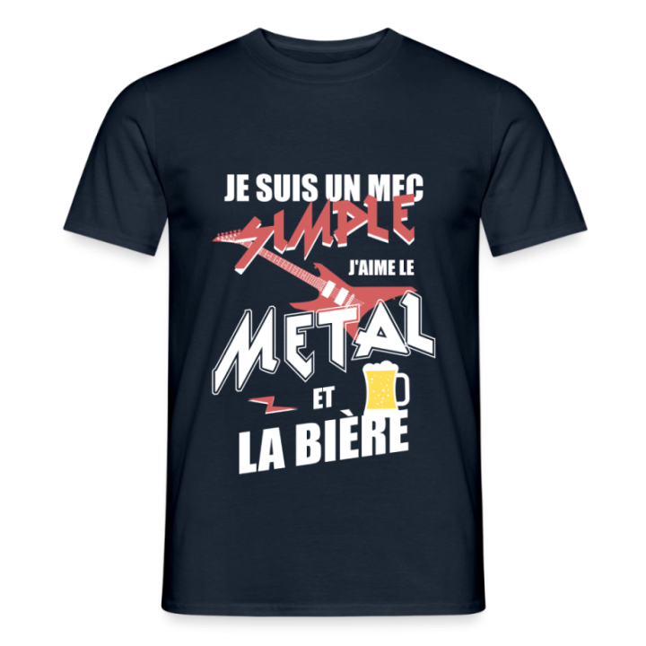 T-shirt homme - Un mec simple: Métal et bière - marine - front
