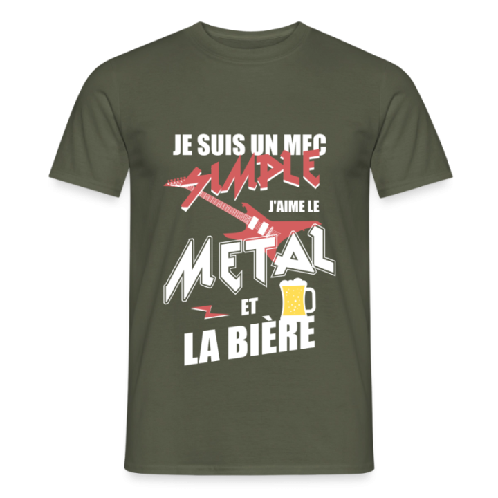 T-shirt homme - Un mec simple: Métal et bière - vert militaire - front
